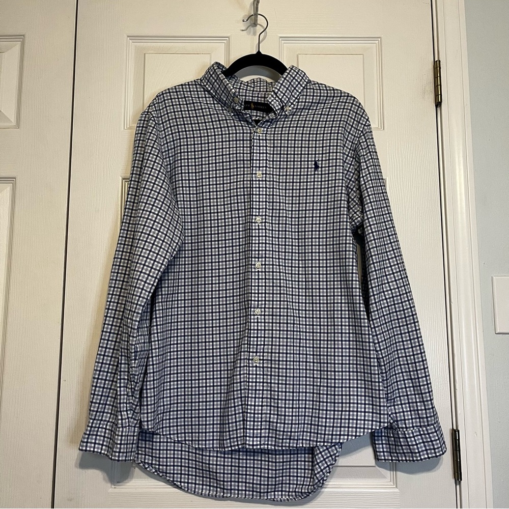 Polo Ralph Lauren Blue and White Plaid Coastal Shirt 100 % Cotton Size Large